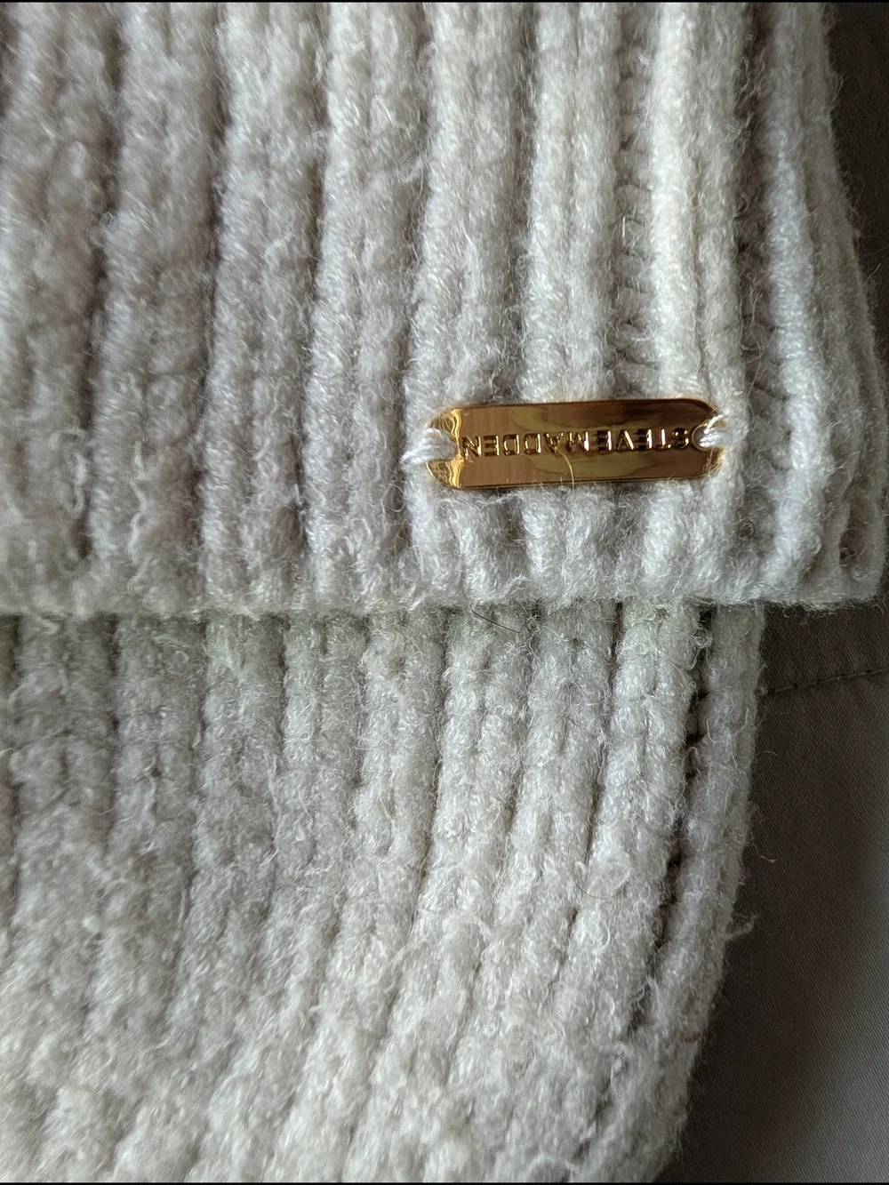 Steve Madden Cream Knit Pom Beanie with Tan Pom